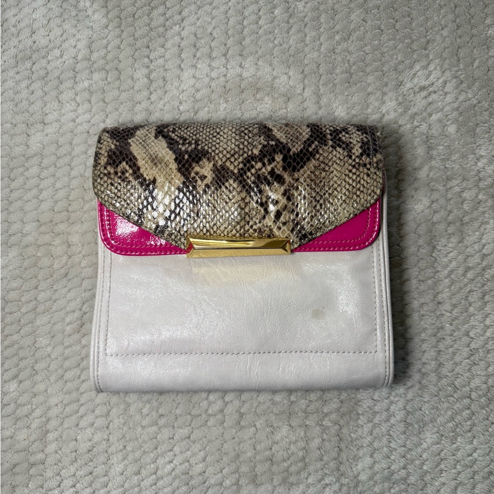 Gianni Bini White Leather Clutch with Snakeskin Flap and Pink Trim